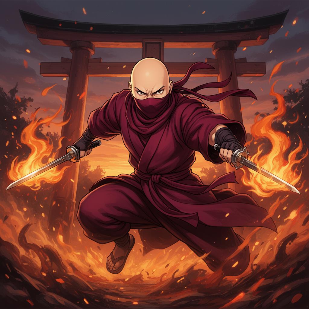 Enji mid-sai thrust before a burning torii gate