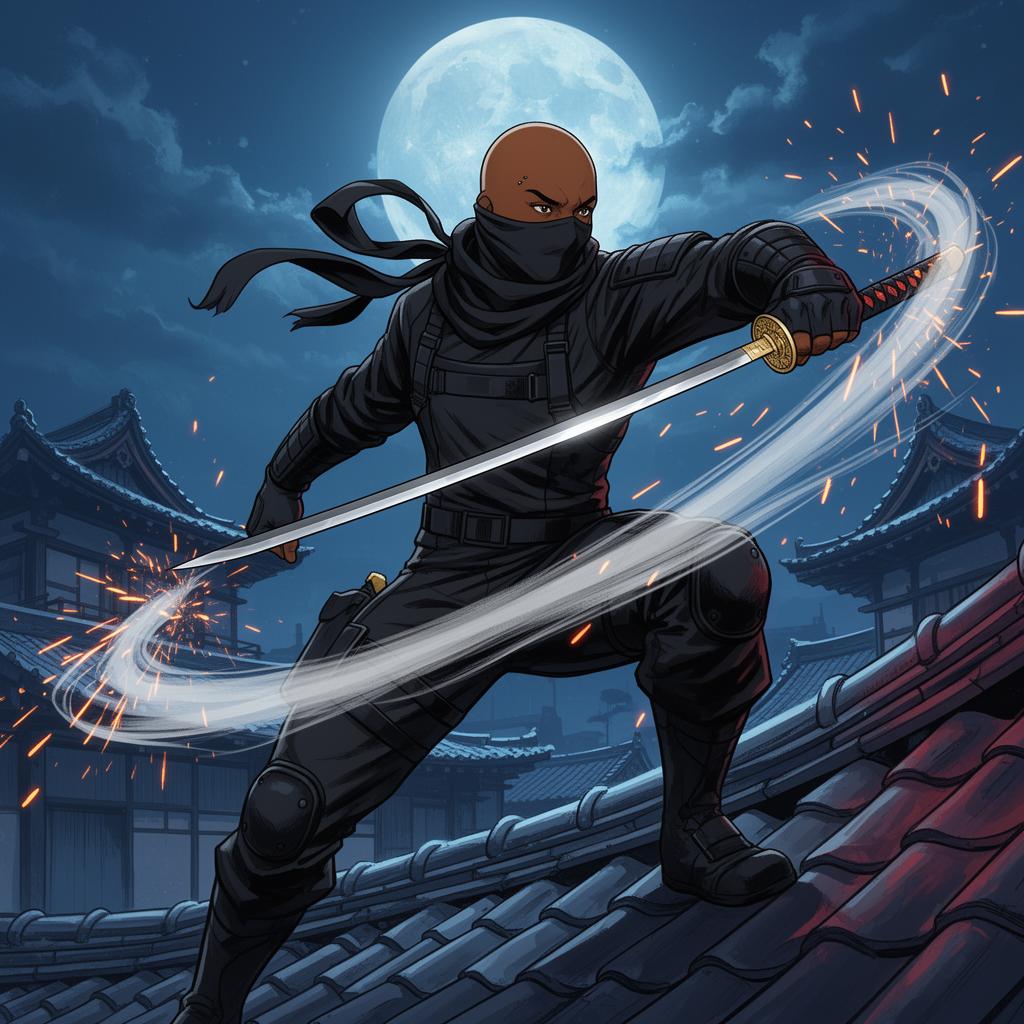 Kage mid-katana strike on a moonlit rooftop