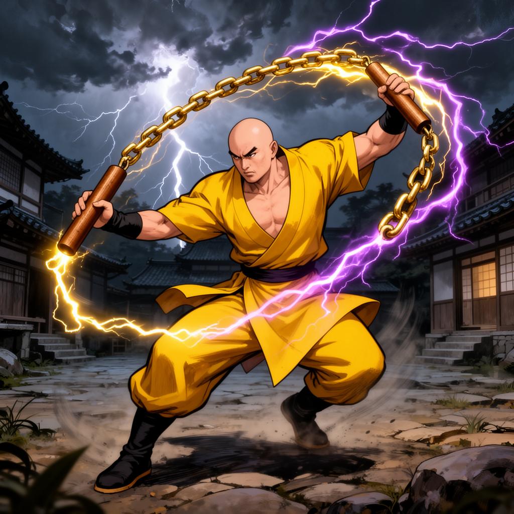 Rai spinning nunchaku in a thunderstorm